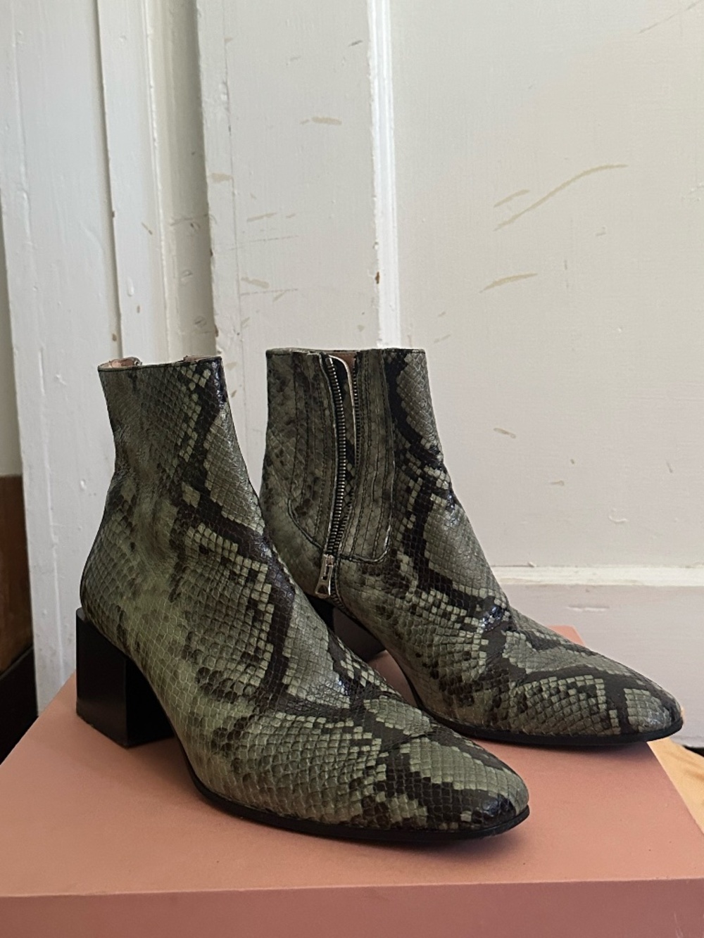 Acne Studios Dusty Green Snake Print Ankle Boots size 39